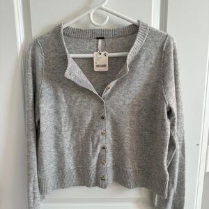Free People Light Gray Button-Front Knit Cardigan